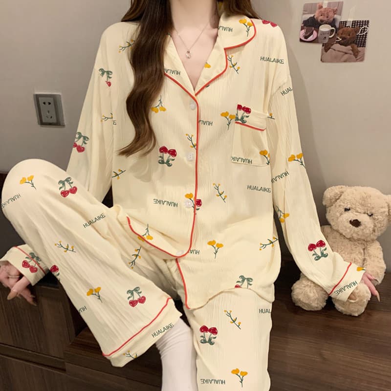 Pijama feminino de manga comprida, cardigã fino e amor, pode usar fora da primavera, pano enrugado, roupa de manga compr
