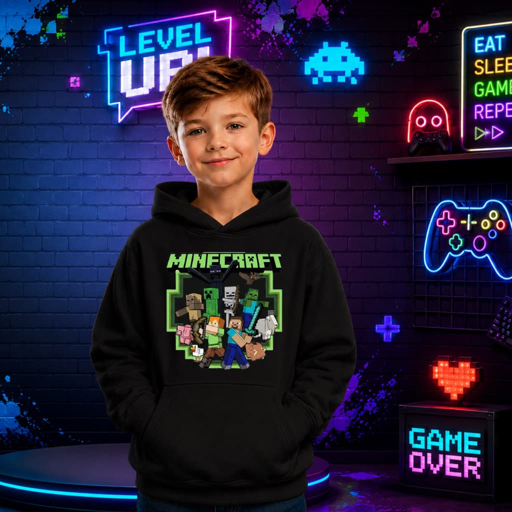 Moletom Canguru Estampado Infantil Minecraft Jogo Blocos Quadrados Gamer Menino