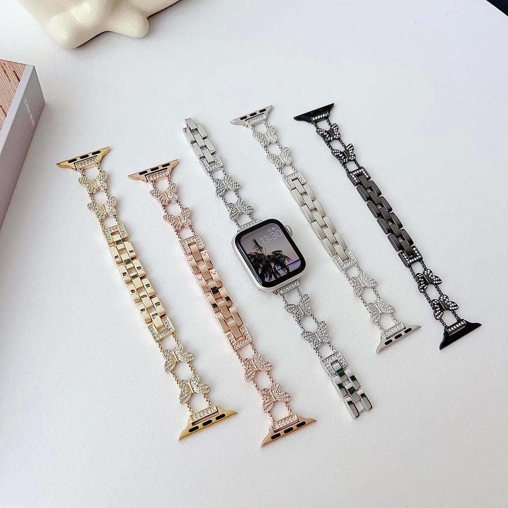 Pulseira De Relógio De Metal Com Strass Borboleta Bling Compatível Apple Watch 38 40 41 44 45 49mm Ligação Incrustada De