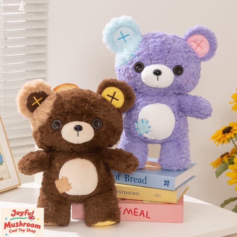 Urso de Pelúcia Macio e Fofo em Patchwork, Boneco de Urso com Botões Divertido e Adorável, Almofada Infantil, Brinquedo