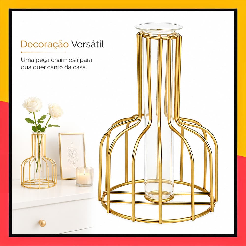 Vaso de Ferro Dourado com Tubo Plástico para Flores ou Flores Artificiais