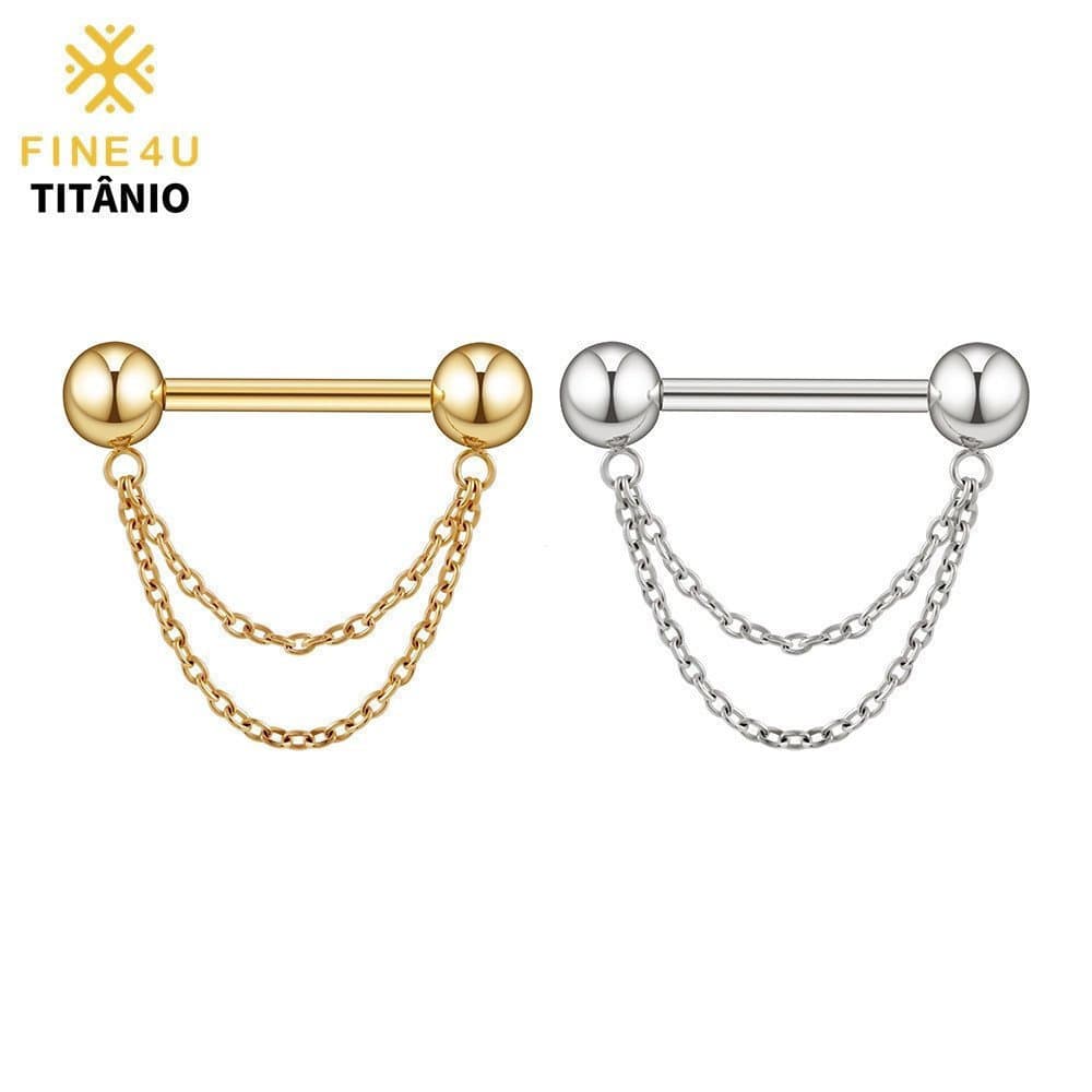 Piercing de Mamilo em Titânio FINE4U com Corrente, Ouro PVD 18K, 12mm 14mm, Hipoalergênico, 1 peça 9HOZ 1G1H