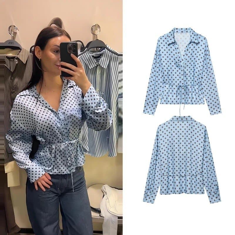 Camisas Femininas Azuis com Poás, Elegantes para a Primavera, de Cetim com Cintura Ajustável e Botões Frontais, Camisas