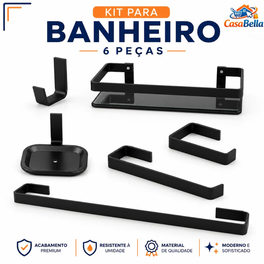 Kit Acessórios Para Banheiro Preto Fosco Quadrado 6 Peças com Porta Shampoo de Vidro