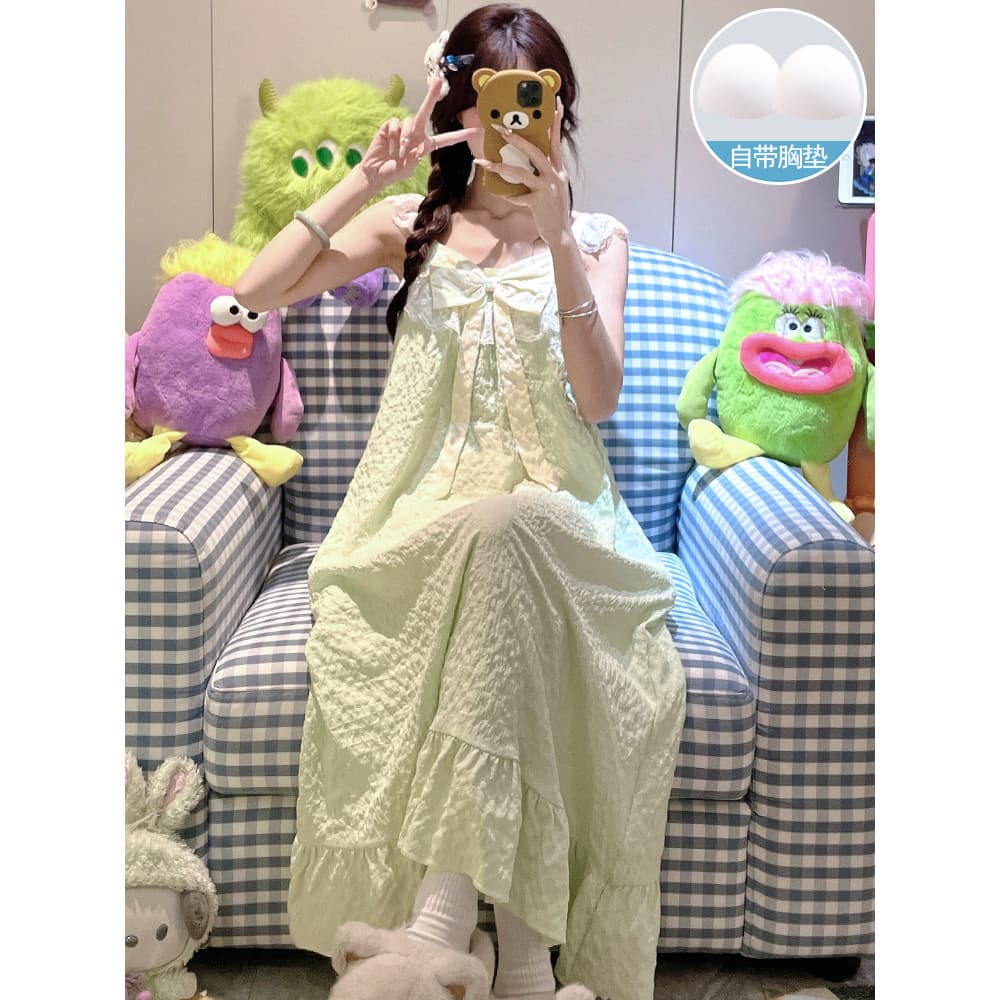 Camisola feminina verão estilo fino com almofada no peito de uma peça High-End arco estilingue saia pijamas de verão Hom
