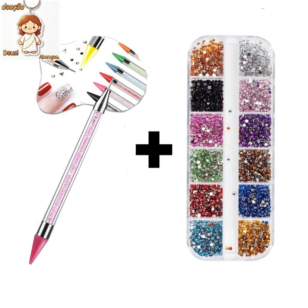 kit com Estojo Kit Strass colorido +  Caneta Pega Strass