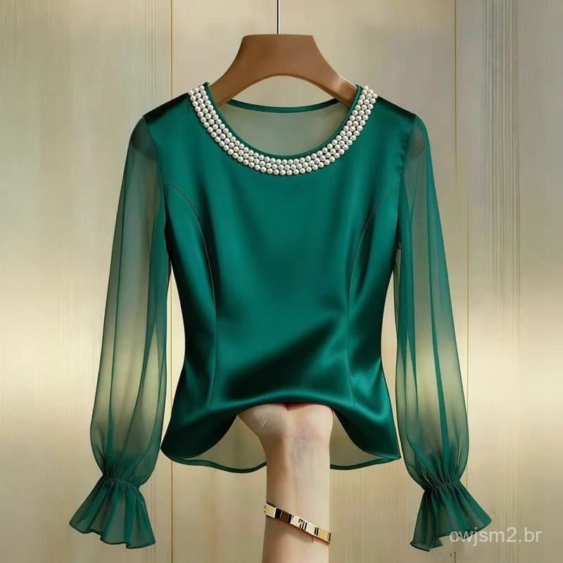 Camisa Elegante de Cetim para Mulheres, Blusas e Camisas de Seda Transparentes de Manga Longa para o Verão, Moda com Dec
