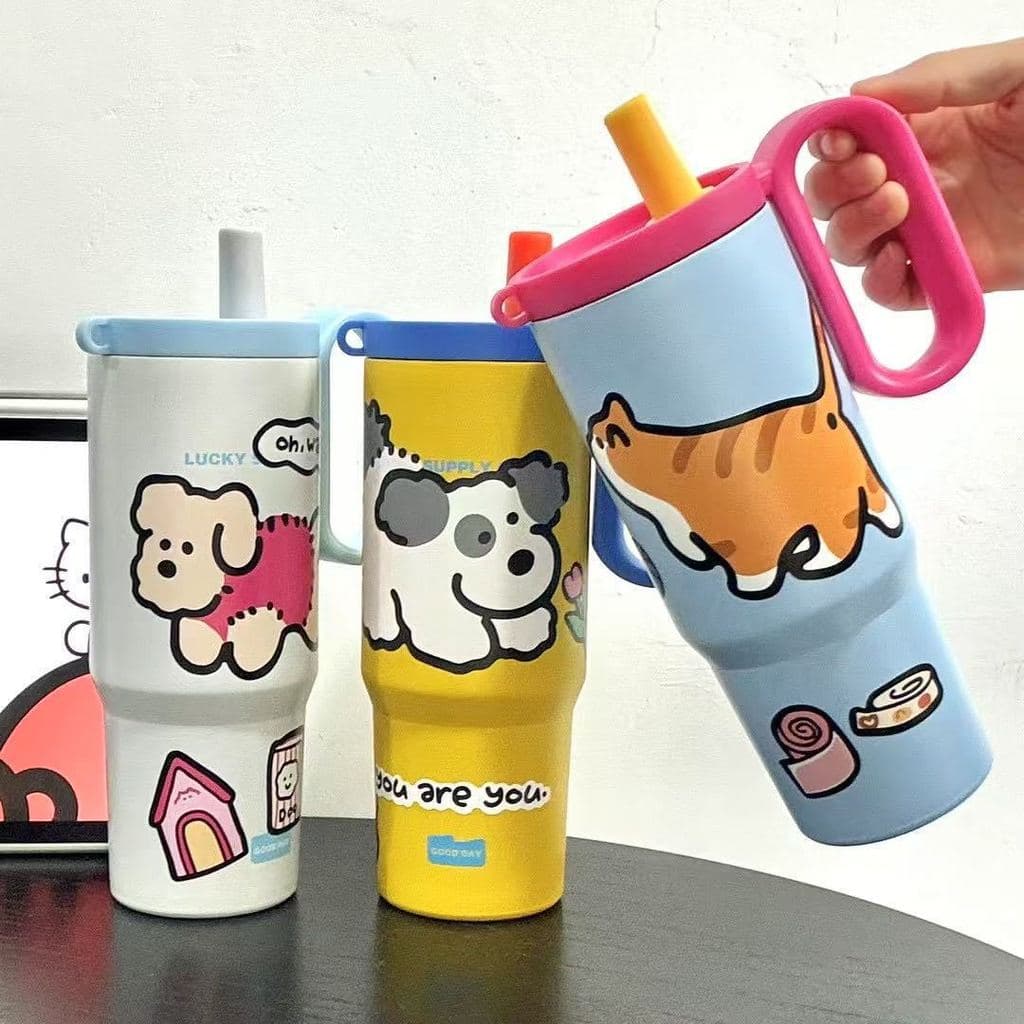 Garrafa Térmica Inox 304 750ml Grande Capacidade Infantil com Canudo | Copo Térmico Água Quente e Gelada Desenho Animado