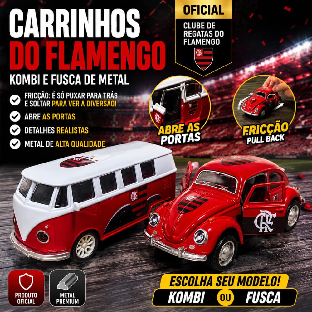 Carrinho Flamengo Fusca e Kombi Metal Fricção Abre Portas Miniatura Colecionável Oficial