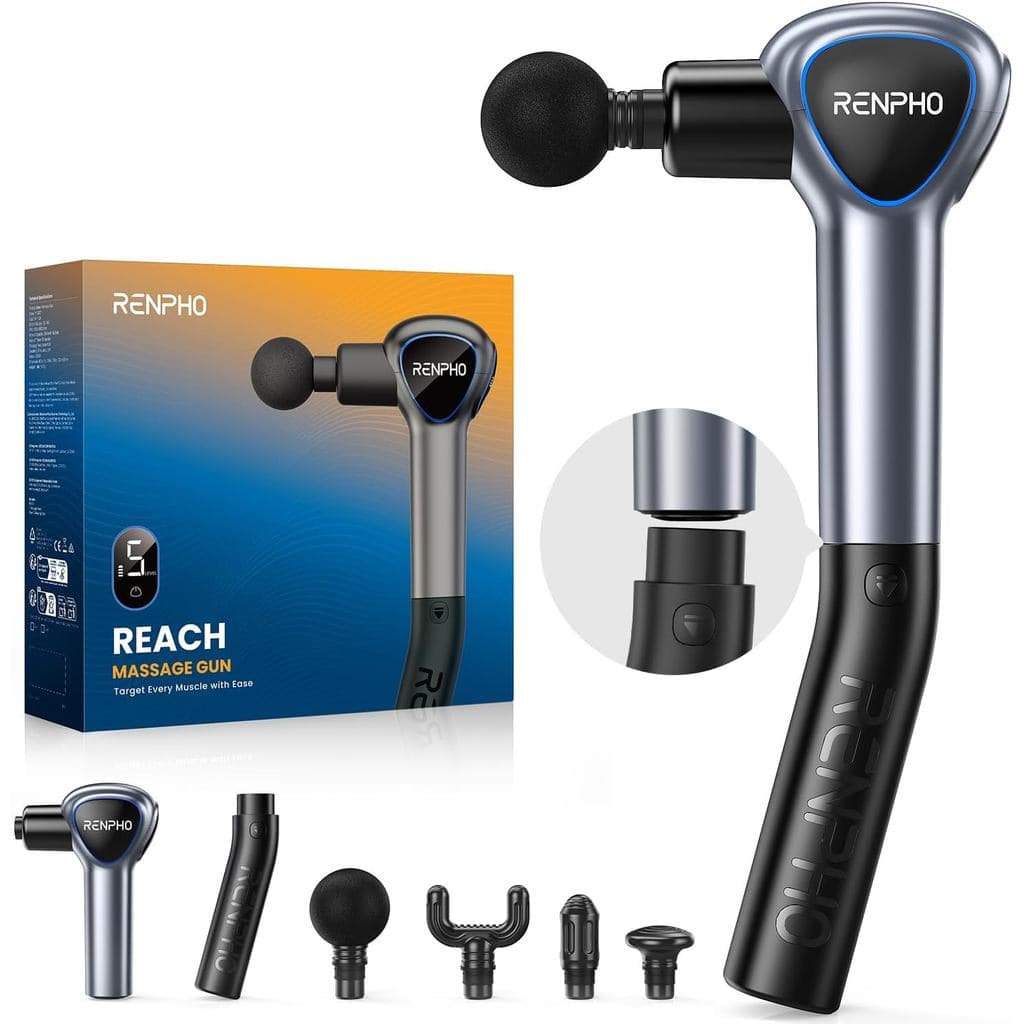 Pistola de Massagem RENPHO com Cabo Extensor e 5 Velocidades, 4 Cabeçotes, Mini Pistola de Massagem com Cabo de Extensão