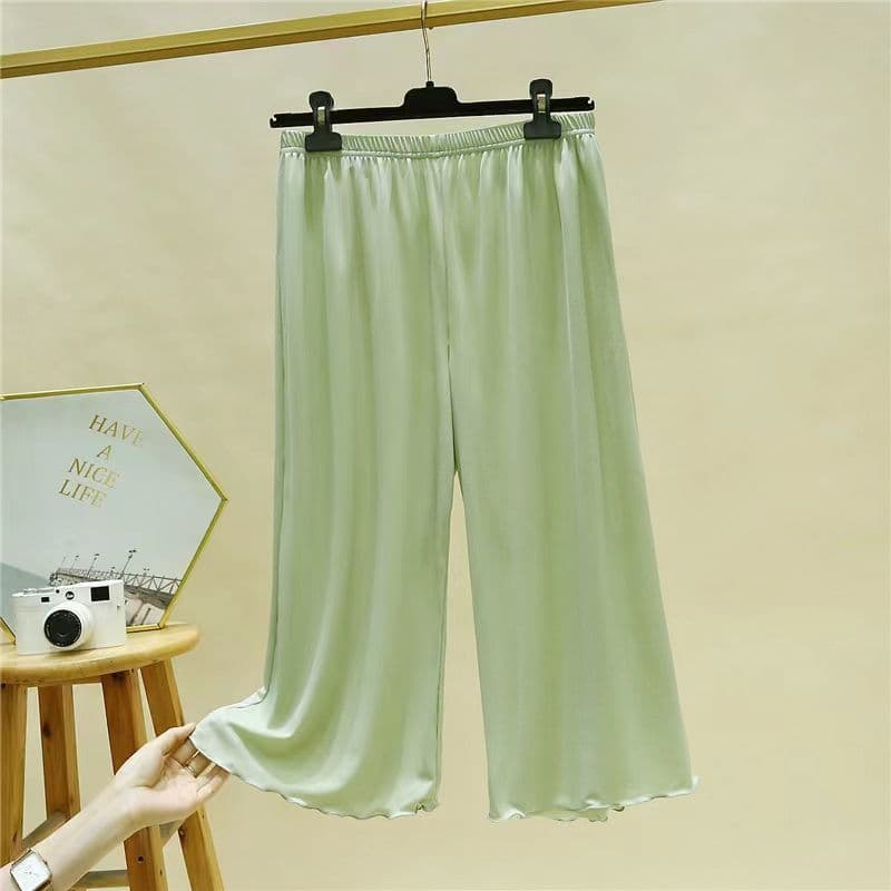 Modal gelo seda fungo calças femininas verão tamanho grande calças largas cintura alta estilo fino solto cortado calças