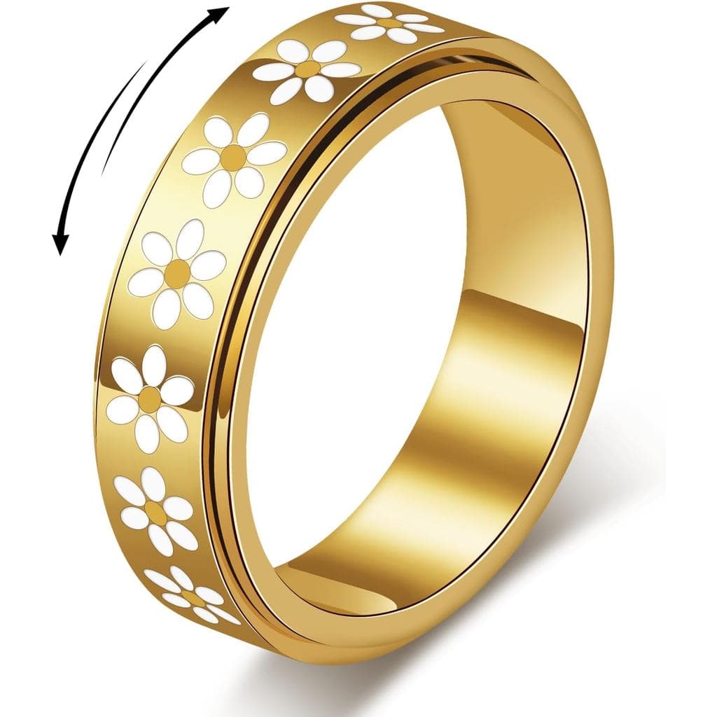 Anel Anti-ansiedade Daisy - Anel Giratório Banhado a Ouro 18K para Alívio do Estresse, Anel de Flor em Aço Inoxidável pa