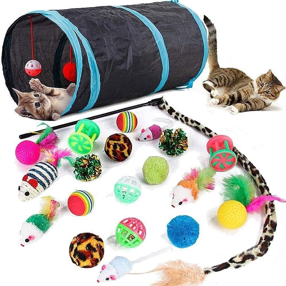 21 brinquedos para gatos de interior: túnel dobrável para gatos, varinha interativa com penas, brinquedo de bola para ga