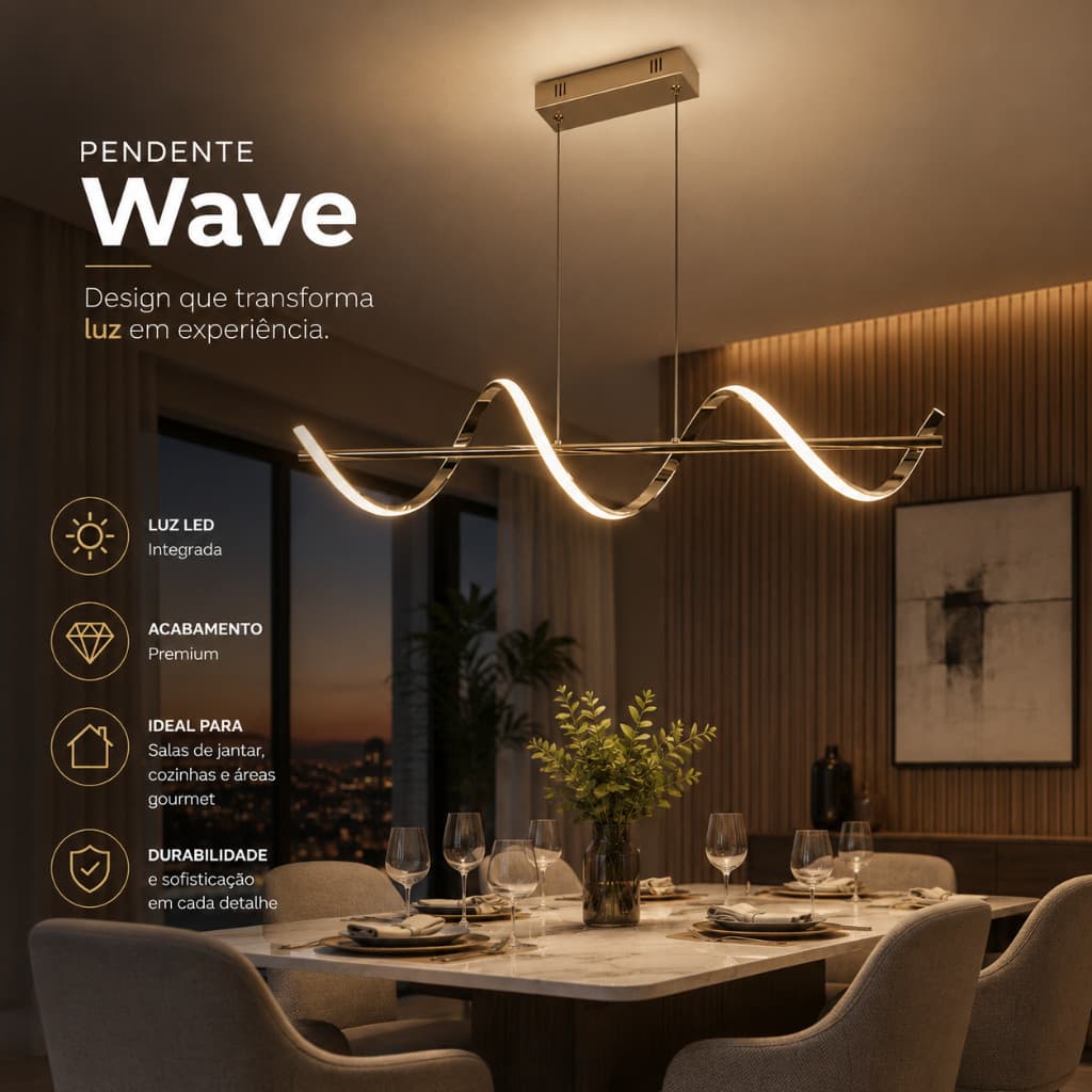 Pendente LED Moderno Dourado Wave 3 Tons de Luz – Lustre Decorativo para Sala de Jantar e Área Gourmet - Nitrolux