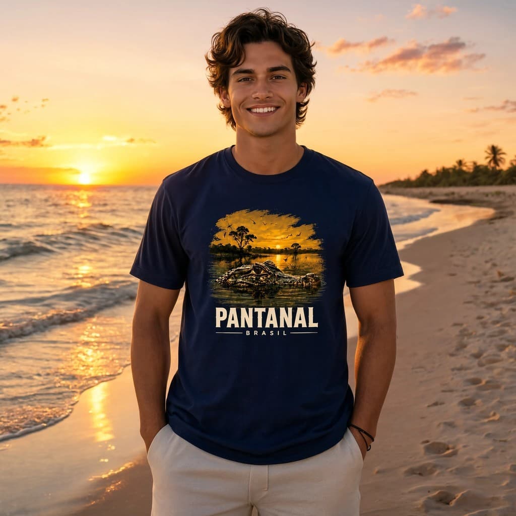 Camiseta Pantanal Brasil Estampa Criativa Jacaré Algodão Premium Confortável Moderna