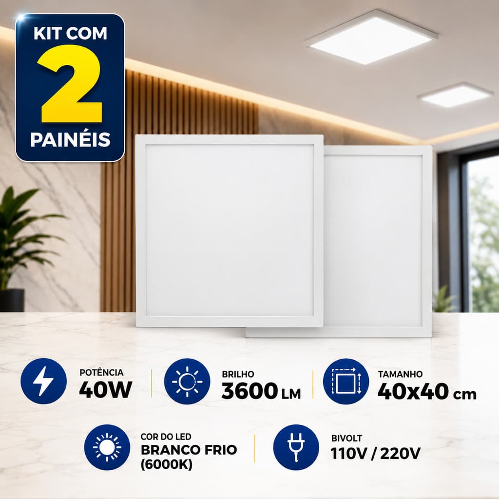 Kit 2 Painel Led Embutir 40w Quadrado 40cm Branco Frio 6K