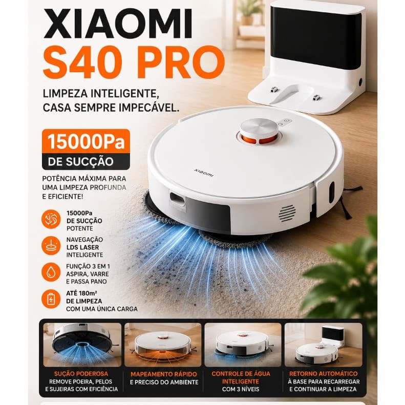 Robô Xiaomi S40 Pro Com Mapeamento Inteligente e Auto Limpeza