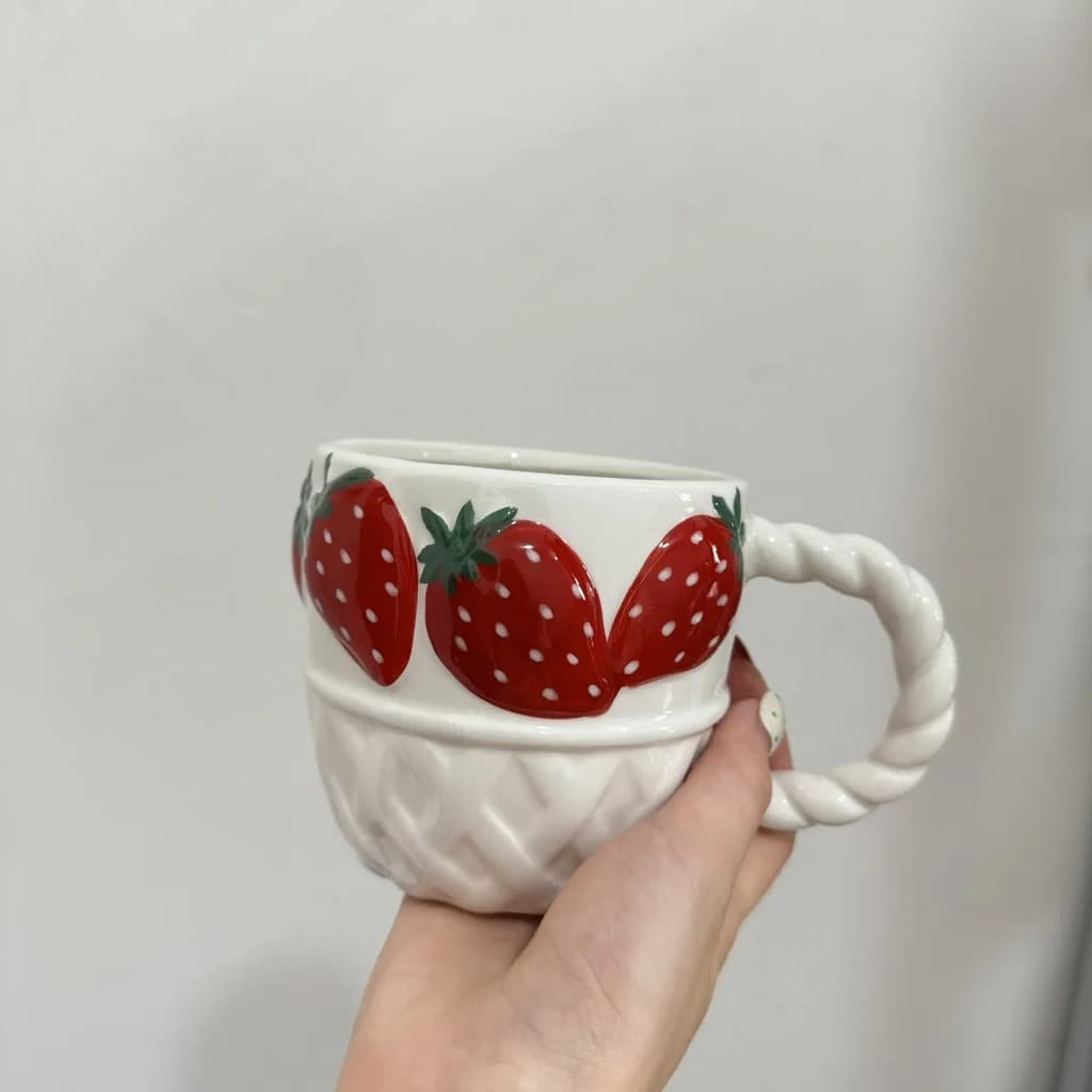 Copo de água de morango de cerâmica, copo de água para café da manhã, cor Underglaze, caneca de grande capacidade, xícar