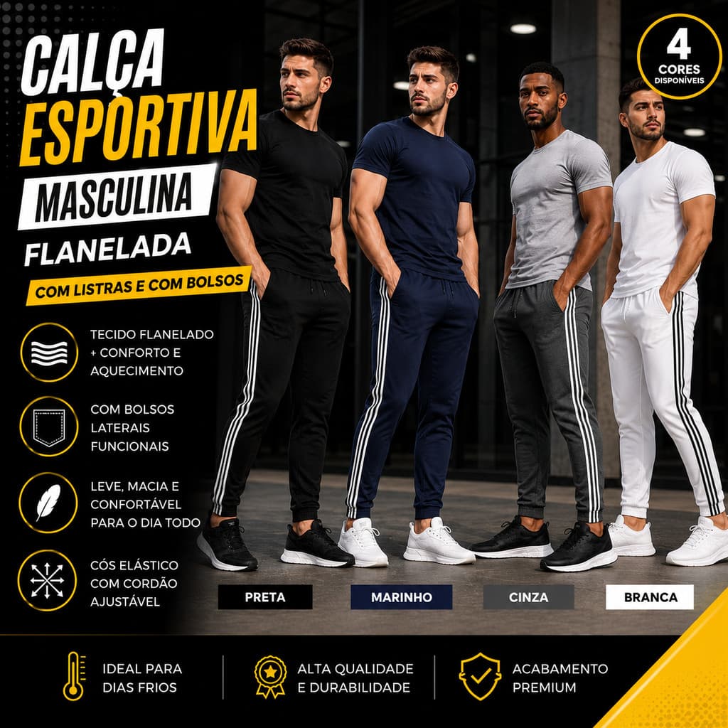 Calças Esportiva Unissex Flanelada Com Listras e com Bolsos