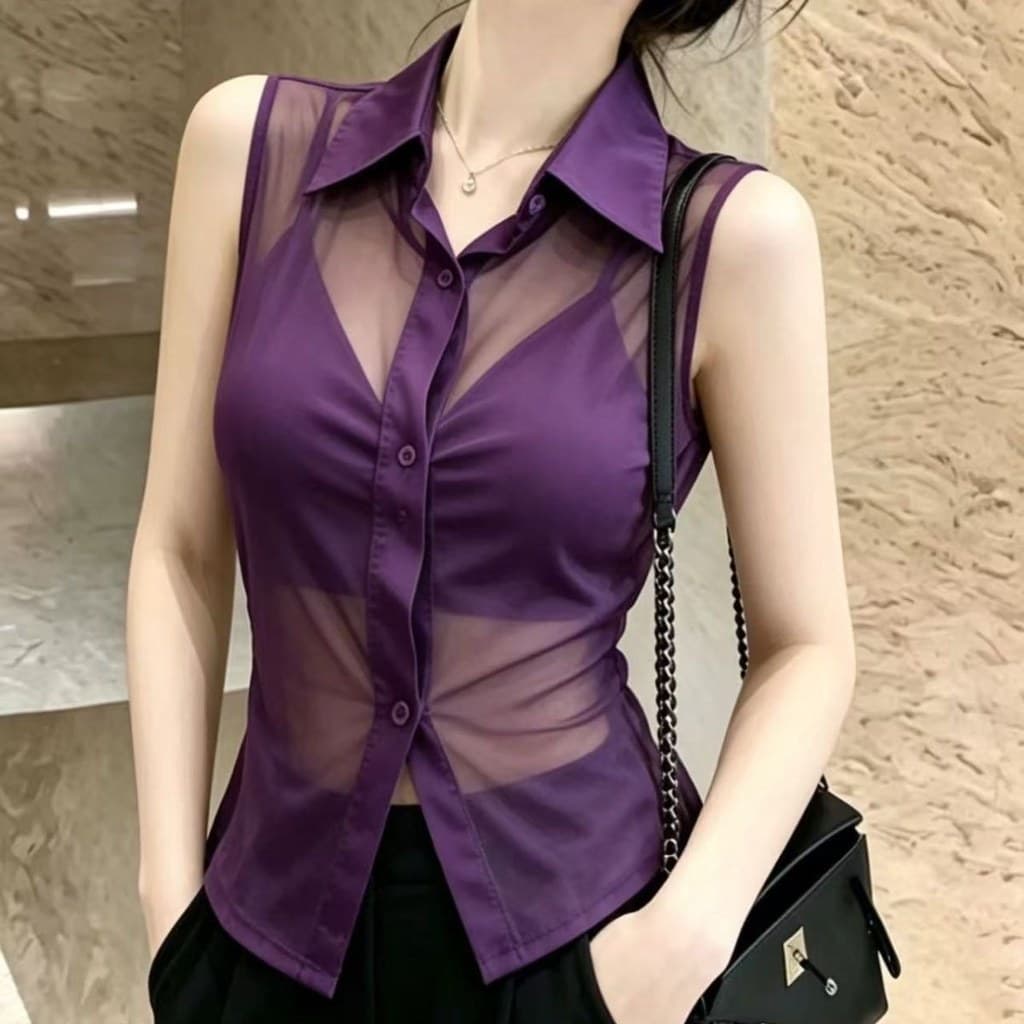 T Elegante All-Match Fino Transparente POLO Feminino Gaze Roxa Slim-fit Slimmer Look Exterior Sem Mangas072201