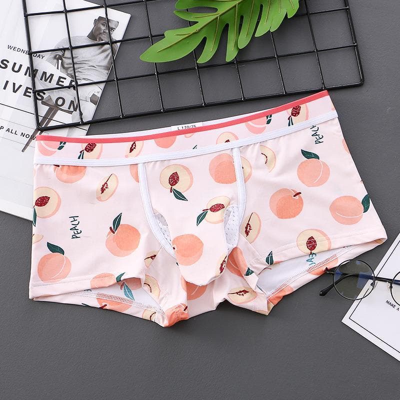Cueca Boxer masculina exclusiva para jovens, cueca Boxer estampada de seda gelada, bolsa de malha respirável, conjunto J