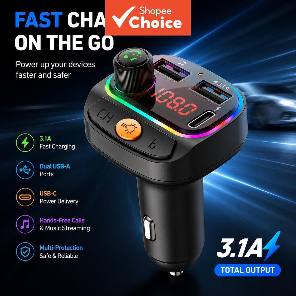 BLUETOOTH 5.2 Transmissor Fm Carregador De Carro Pd Qc3.0 Dual Player USB Tipo-c Luz Ambiente Mp3