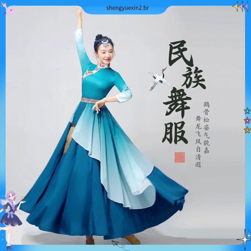 Novo estilo de dança tibetana desempenho traje feminino saia quadrada dança tibetana saia longa grande balanço saia prát