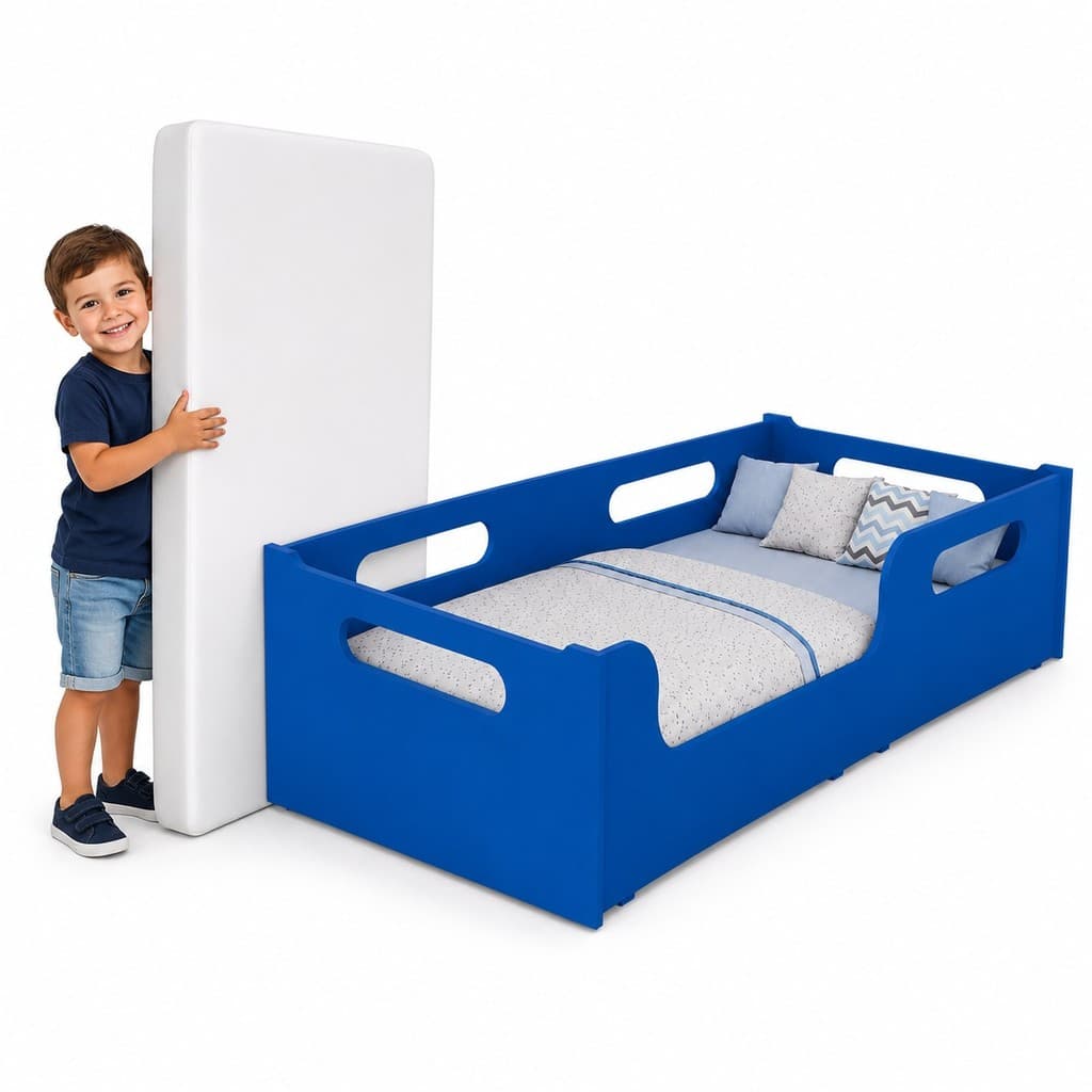 Cama Encanto Montessoriana Juvenil Azul + Colchão Confortável Com Grade De Proteção Confortável