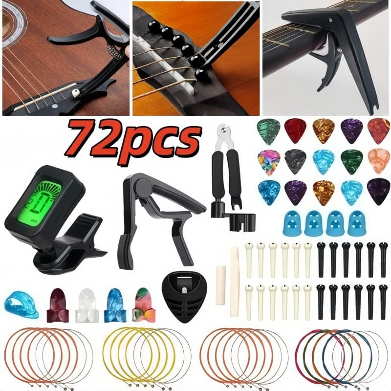 Kit acessórios violão 72 peças capotraste profissional, afinador, cordas, palhetas e ferramentas troca cordas iniciante