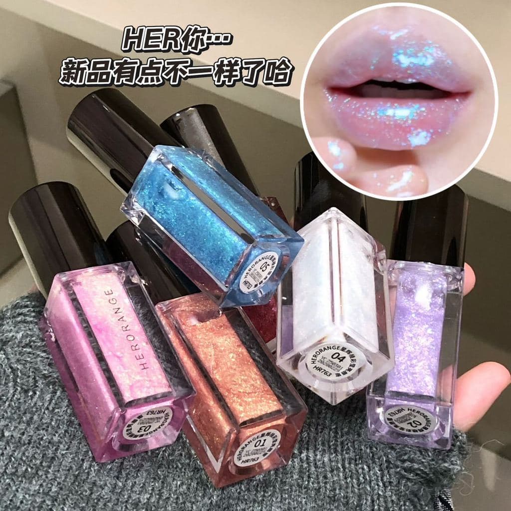 HERORANGE~Brilho Labial com Efeito Perolado, Efeito Espelhado Leve como Água, Brilho Labial Transparente e Aquoso