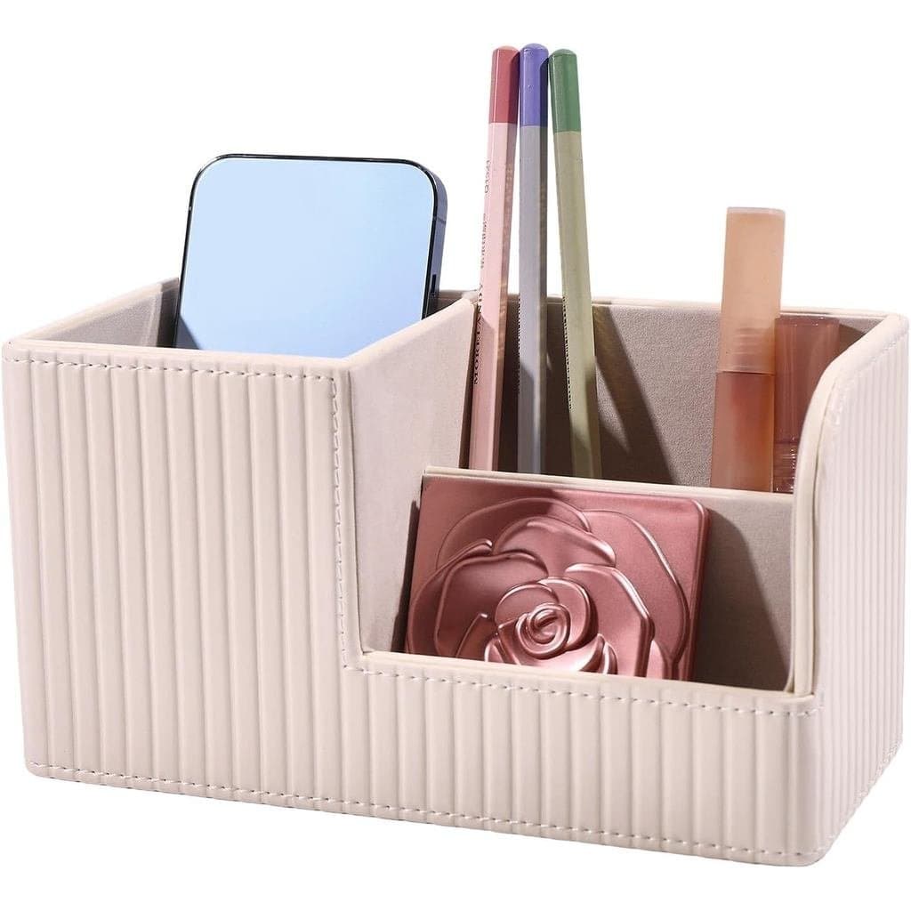 Organizador de Mesa em Couro PU, Caixa de Armazenamento Multifuncional com 3 Compartimentos, Organizador de Suprimentos