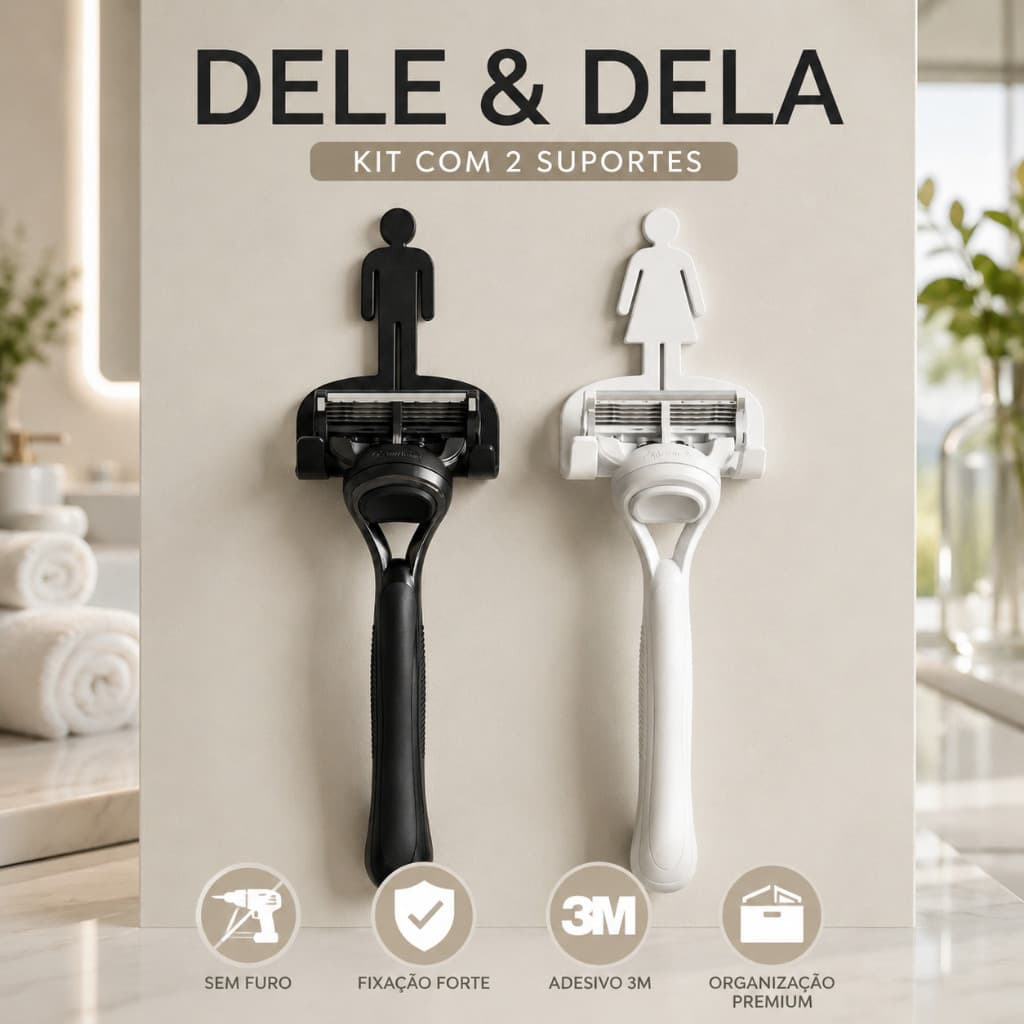 Kit 2 Suporte Gillette Parede Fita 3M Porta Barbeador Sem Furo Kit Organizador Banheiro Dele e Dela
