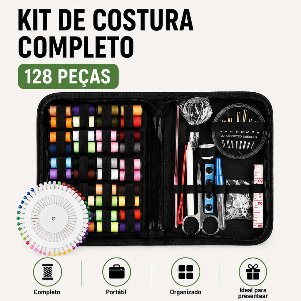 Kit de Costura 128 Peças Completo com Estojo Portátil, Ideal para Reparos, Ajustes de Roupas e Artesanato
