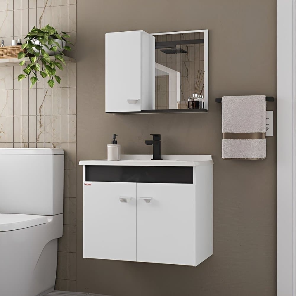 Kit Conjunto de Balcão Para Banheiro Econômico 60cm Branco/Preto Suspenso Fabribam