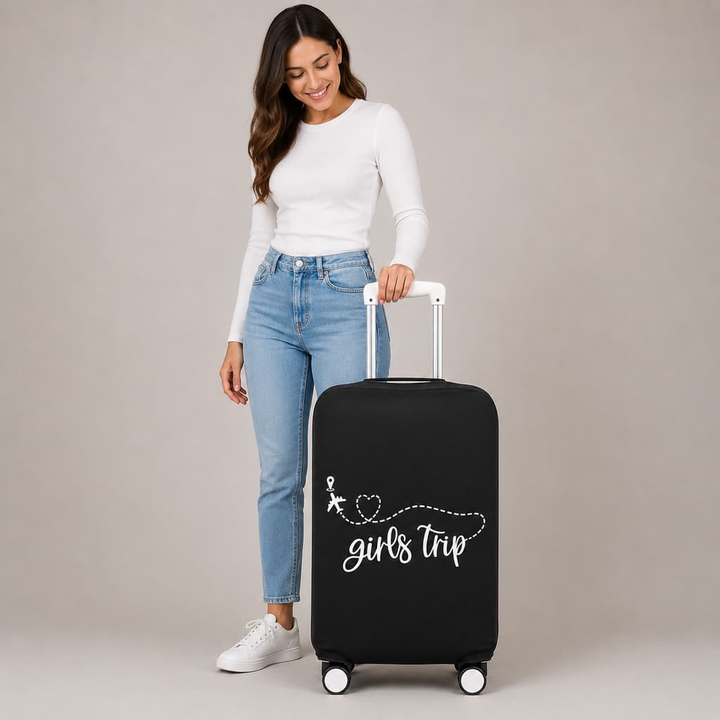 Capa Protetora Mala Girls Trip Preta Ajuste Elástico Lavável Resistente Ideal Para Viagens Nacionais Exterior Feminina