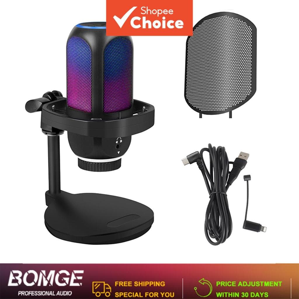 BOMGE Kit Microfone Condensador de Jogos USB com Luz RGB Mudo para PC