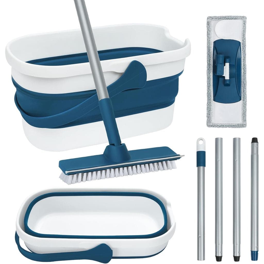 Conjunto de Mop e Balde Dobrável com Mop de Limpeza e Escova, Escova para Pisos de Azulejo, Laminado e Madeira Maciça e