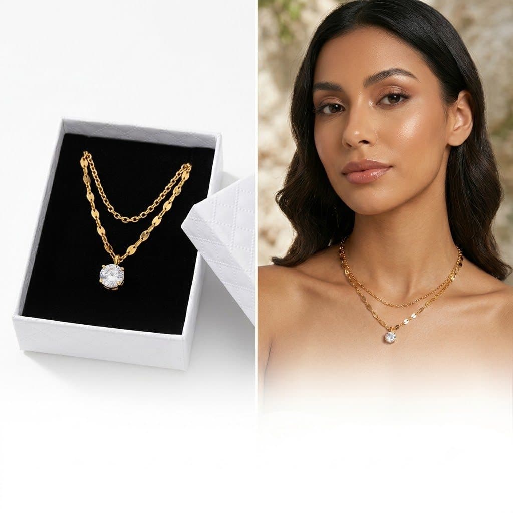 Colar Duplo Zircînia Cúbica Ponto de Luz em Aço Inoxidável + Caixa Não Escurece Feminino Banhado Ouro Alta Qualidade