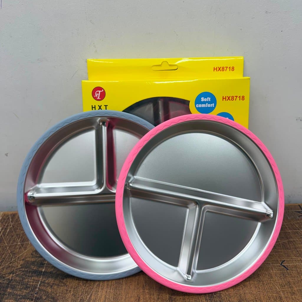 Prato Infantil BLW Inox com Ventosa 20cm Divisórias Refeição para Bebês e Crianças Livre de BPA