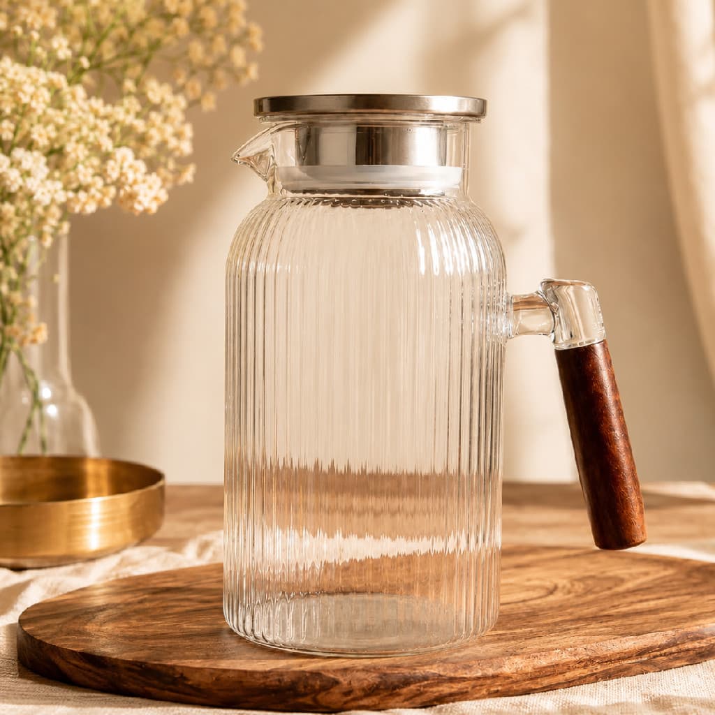 Jarra de Vidro com Alça e Tampa Marisa 1,8L 1800ml Requintada Luxo Mesa Posta Transparente Suco Água Vinho