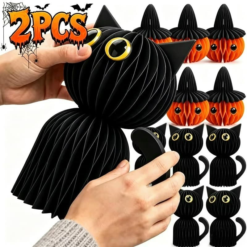 [Decoração De Halloween] Lanterna De Papel Suspensa De Gato Abóbora 3D-Pingente De-Bola De Favo De Mel Preto-Layout De C