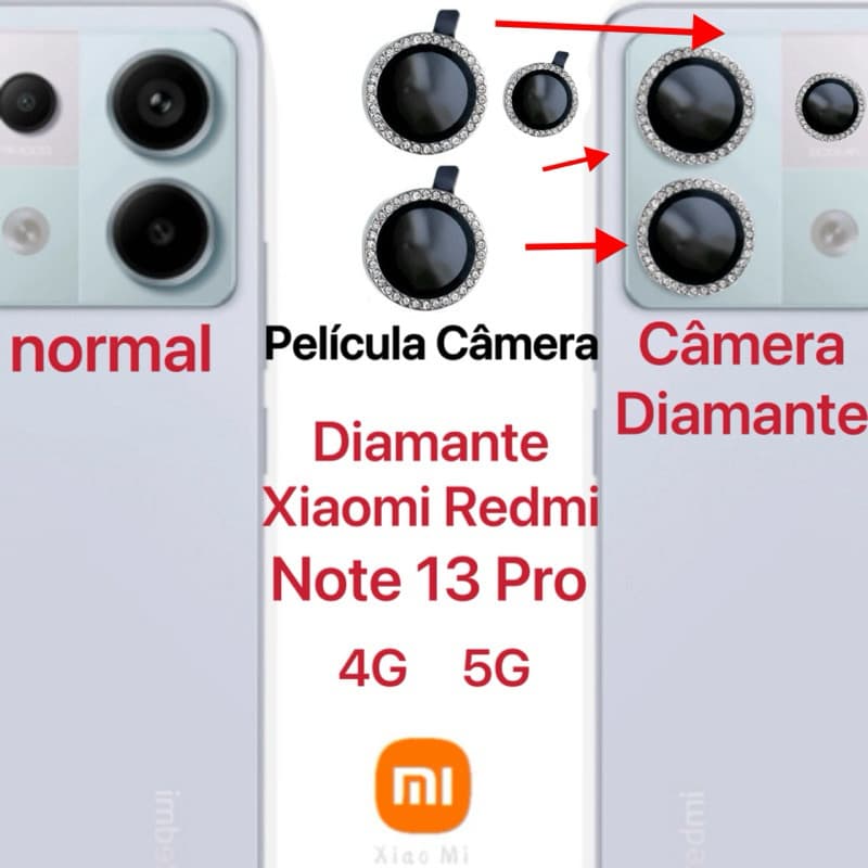 Kit 3pcs Película Câmera Diamonte Xiaomi Redmi Note 13 Pro 4G 5G Brilhente Anti Risco Protetor da Lente com Strass