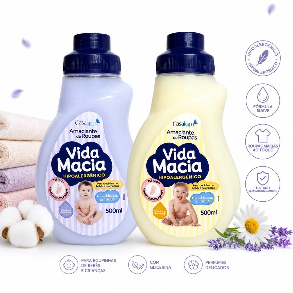 Kit 2 Amaciante de Roupa Vida Macia Bebê Camomila e Amêndoas 500ml