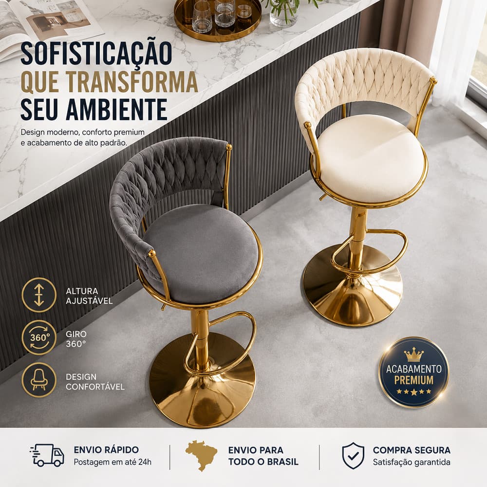 Banqueta Alta Para Cozinha E Balcão, Design Trançado, Base Metálica Dourada, Rotação Completa E Regulagem De Altura