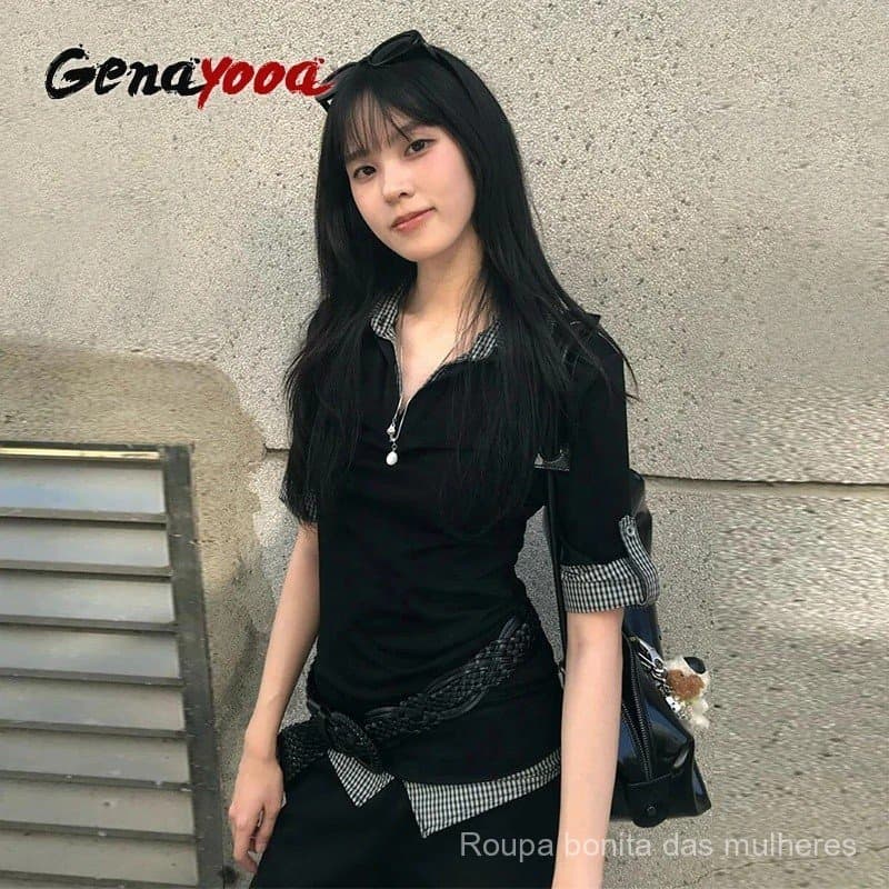 Camisa Feminina Genayooa Estilo Retrô Americano com Patchwork, Manga Curta, Casual, Y2k Vintage, Efeito Duas Peças, Esti