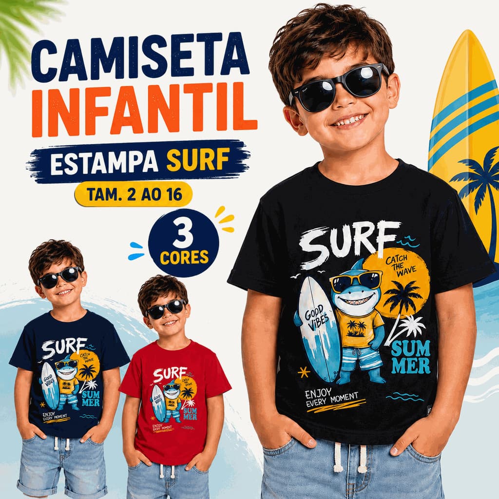 Camiseta Infantil Menino Surf Summer Algodão 4 Cores Tamanho 2 ao 16 Verão Juvenil