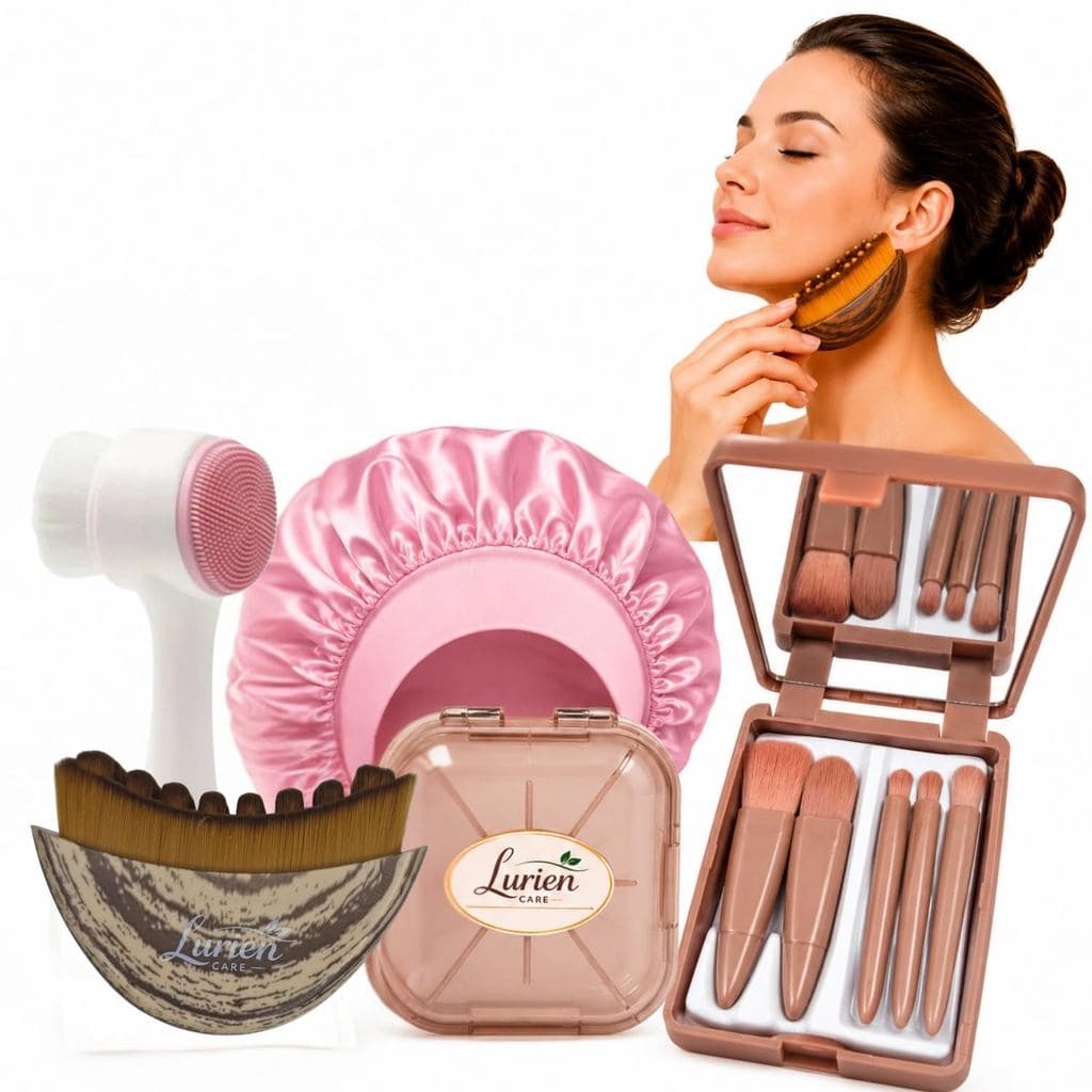 Kit Skincare Faciais Escova de Limpeza Facial + 5 Pincéis de Maquiagem Estojo Espelho + Escova Drenagem + Touca Cetim