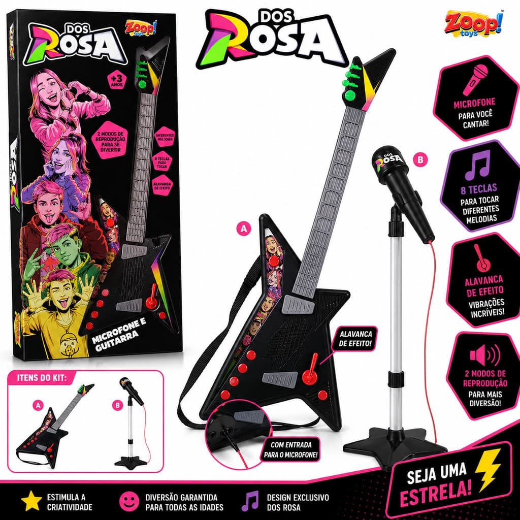 Kit Guitarra Microfone e Suporte Musical Dos Rosa Emilly Vick Brinquedo Zoop Toys