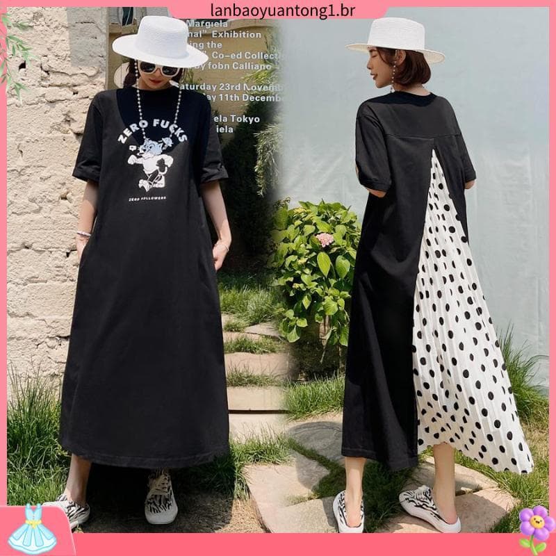 Verão tamanho grande 150kg Super longo sobre o joelho camiseta saia solta versão coreana moda costura Polka Dot Chiffon