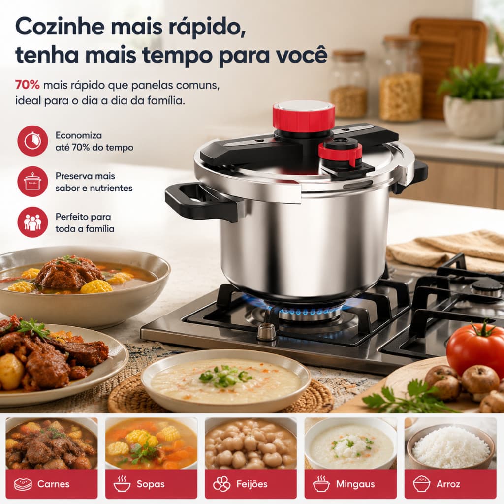Panela de Pressão Inox - Sistema Antiexplosão - 3 Níveis - Cozimento Rápido e Fácil